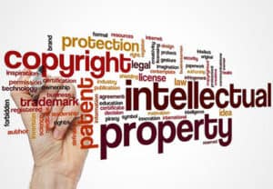 Word cloud with terms related to intellectual property, including copyright, patent, and trademark. 