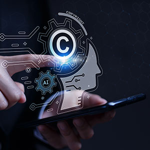 Mobile user with digital overlay showing COPYRIGHT and AI gears, symbolizing intellectual property in tech law.
